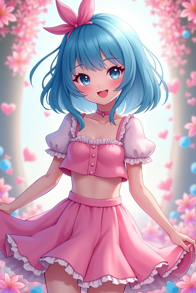 Blue hair girl, pink outfit