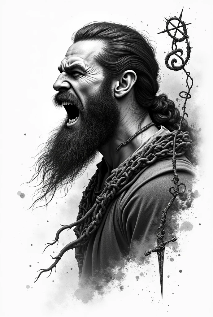 Create a black and white tattoo of a warrior gardener viking in pointillism, in profile screaming with Viking runes and sharp axes for a tattoo