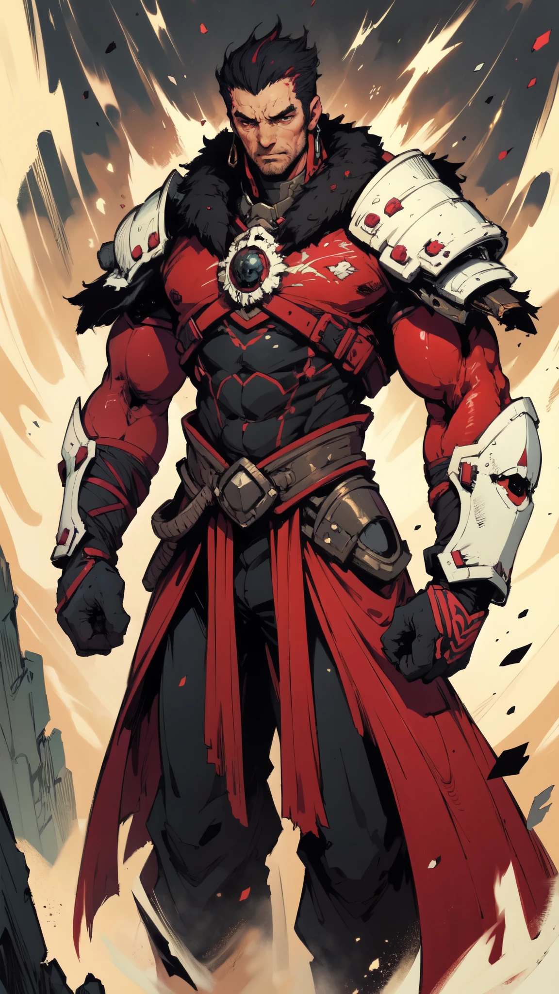 (masterpiece:1.2, best quality:1.2, extremely delicate:1.2), a middle-aged man, wild disheveled long hair streaked in red and black, a rugged and imposing face, a lightning-shaped tattoo on the left side of his face, sharp eyes, a confident smile, a tall and muscular build, a fantasy martial arts-style short-sleeved coat, form-fitting scale armor underneath, a black fur shawl drapes over his shoulders, wrist guards, matching canvas trousers, stands majestically on shattered ground, surrounded by floating debris, this character embodies a finely crafted fantasy martial arts-style overlord in anime style, exquisite and mature manga art style, dramatic, high definition, highres, ultra-detailed, ultra-fine painting, professional, perfect body proportions, golden ratio, anatomically correct, symmetrical face, extremely detailed eyes and face, high quality eyes, creativity, RAW photo, UHD, 32k, Natural light, cinematic lighting, (masterpiece-anatomy-perfect:1.2)