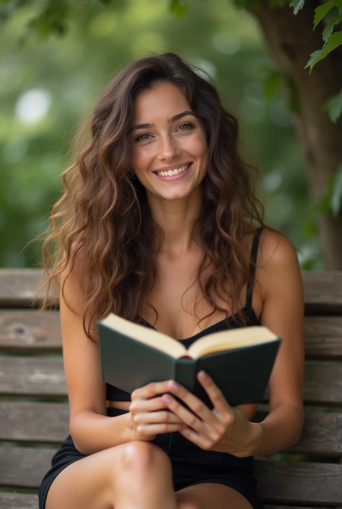 Woman. Long brown curly hair, slightly frizzy. Brown eyes, caucasion. Smiling, dimples showing. Reading outside, sitting on a bench. Wearing black shorts and a cute crop top Grainy photo quality, as if from phone.