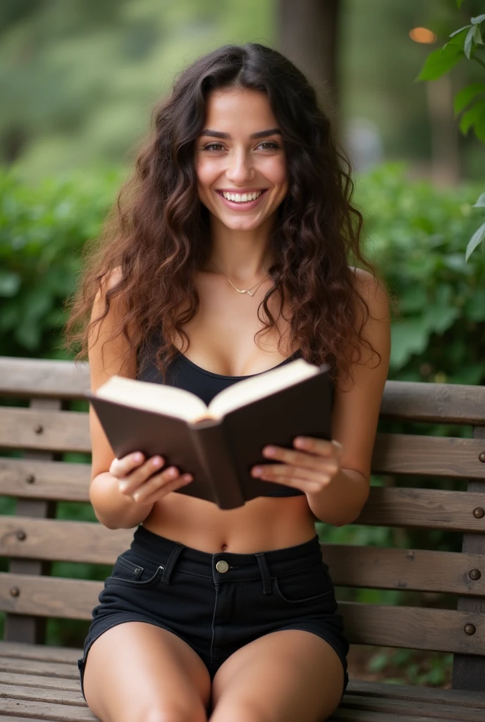 Woman. Long brown curly hair, slightly frizzy. Brown eyes, caucasion. Smiling, dimples showing. Reading outside, sitting on a bench. Wearing black shorts and a cute crop top Grainy photo quality, as if from phone. 