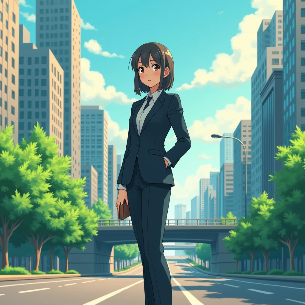 "Create an image of a young female office worker (OL) in a beautifully animated Ghibli style. She is wearing a neatly tailored business suit, standing confidently on an overpass in a large, bustling city. The background should feature a vibrant cityscape with tall buildings, animated with the warm, detailed textures typical of Studio Ghibli films. The road beneath the overpass is lined with lush, brightly lit trees, their green leaves shimmering in the sunlight. The atmosphere should be filled w