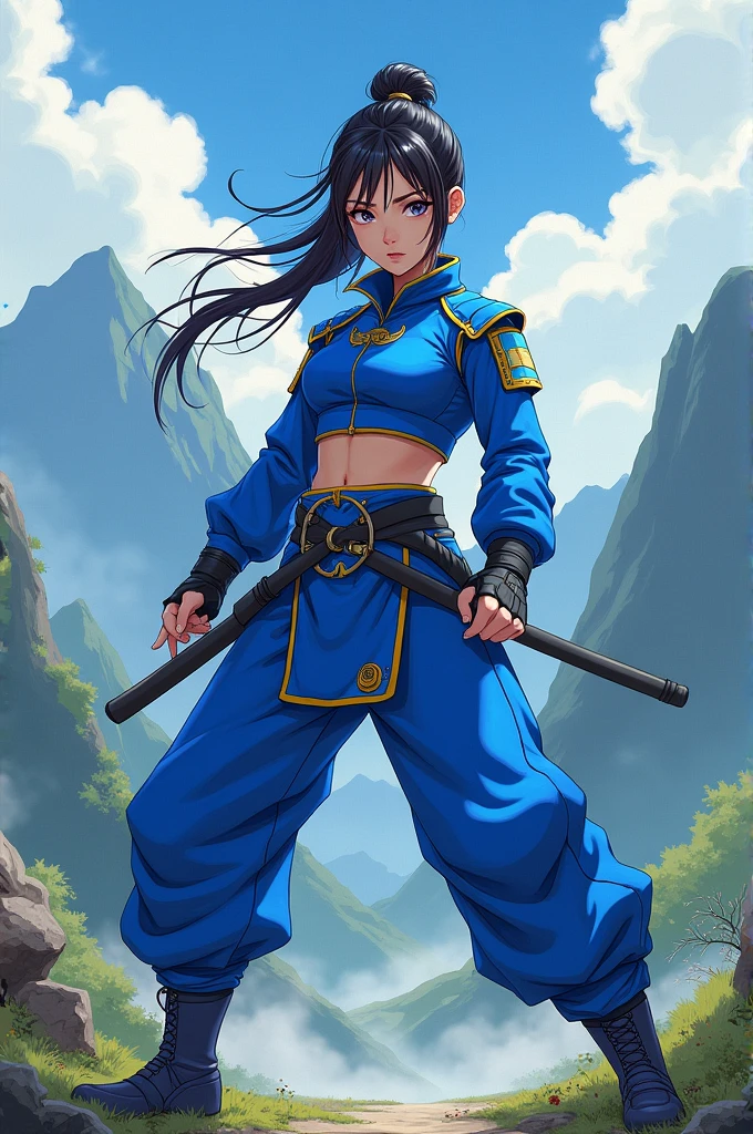 Create a female warrior from South Korea wearing blue clothes in anime style