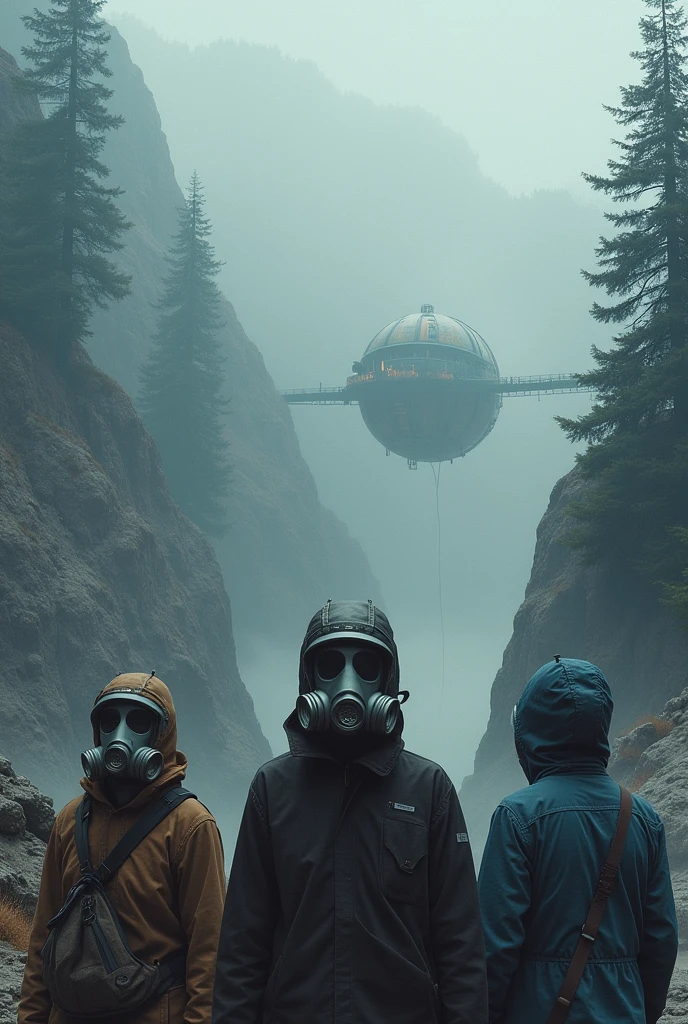 (Three Isolated humans with gas mask, brown, blue, black and white clothes) look over a big futuristic outpost inside the mountain without lights in the style of dark hues, forest winter, a lot of trees and pines, coded patterns, urbancore, soviet ambience, vastness of space, post apocaliptic space.