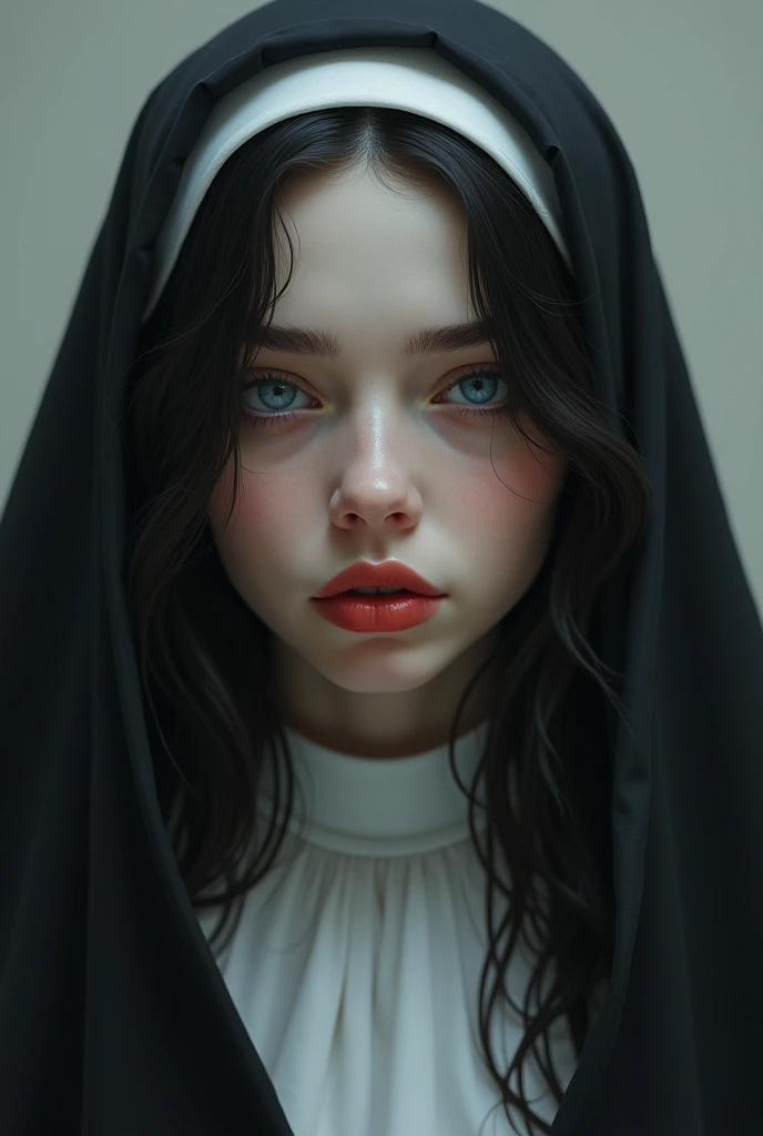 A nun with black hair, red lips and blue eyes. She should dress like a nun.