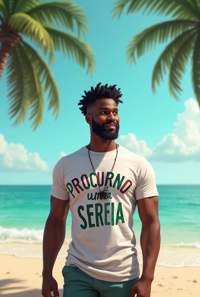 create an image of a young black man between 31 years old wearing a t-shirt with the phrase. Looking for a Mermaid. The sentence must be written in Portuguese. 