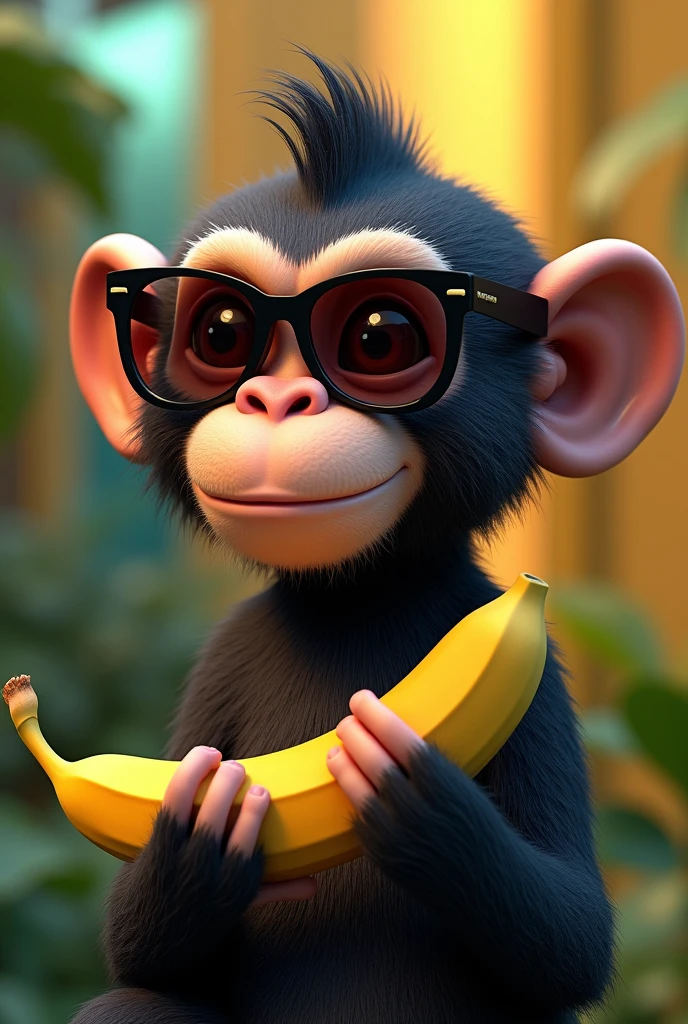 A black monkey wearing sunglasses holding a banana