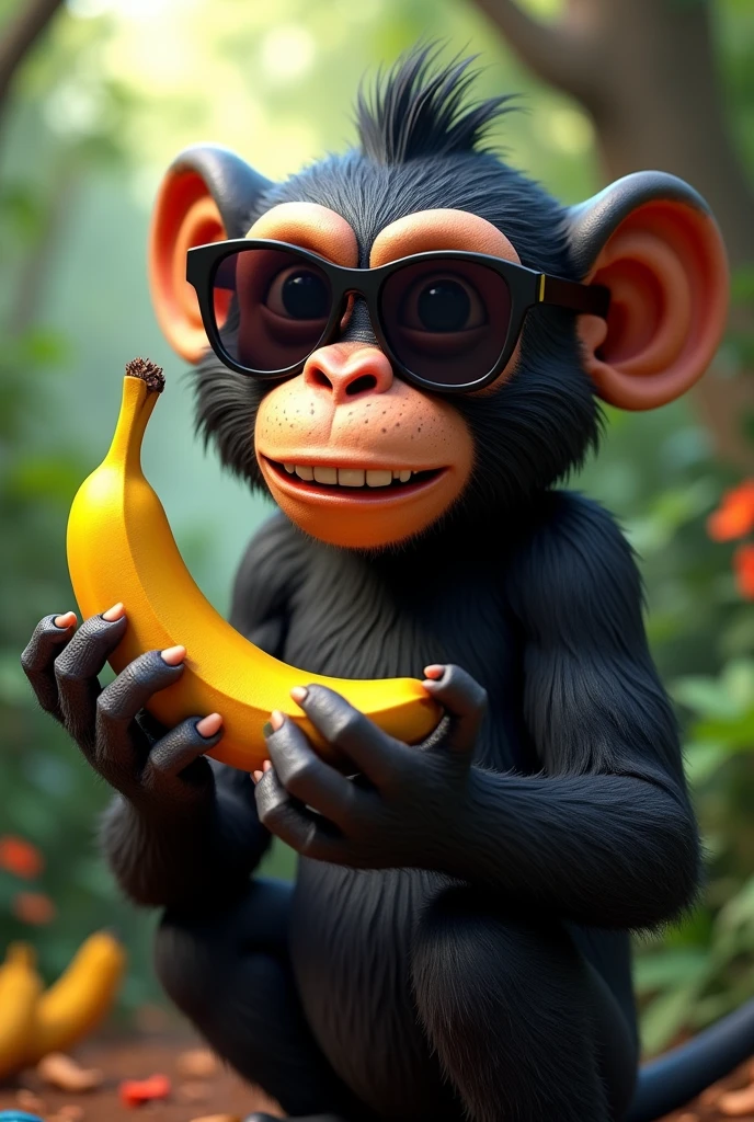 A black monkey wearing sunglasses holding a banana 