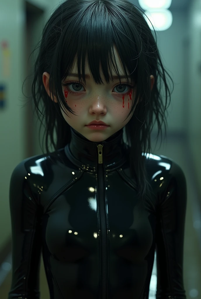 Cry school girl in latex wetsuit