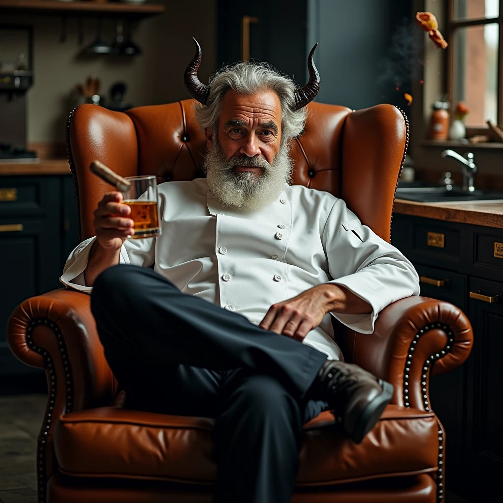 a 50-year-old chef seated in a worn leather armchair. His white beard and hair with devil horns give him an air of wisdom and experience.. with one leg crossed over the other, he holds a glass of whiskey in his right hand, while in his left a cigar rests calmly . His gaze is imposing. wrapped in an intense atmosphere: a hotel kitchen in chaos, with elements flying and a menu stepped on by the