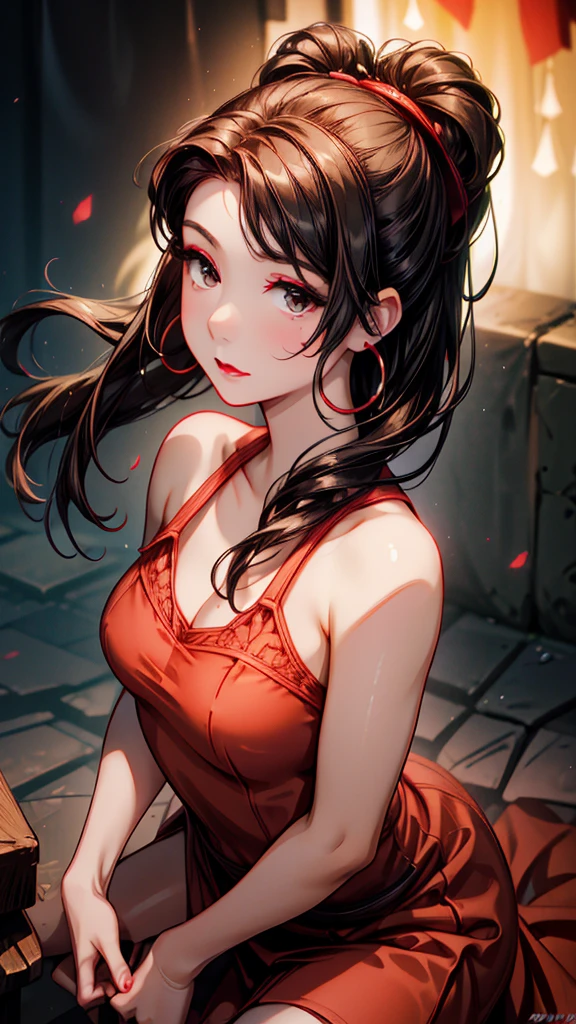 (8K HDR photorealistic pic), Betty Boop, short, althetic, curvy lady, ((tight little red dress)), dark eyebrows, black lipstick, (hoop earrings), dark eyeshadow, black lipstick, curvy, busty, (curly short black hair), shortstack, (retroussé breasts), darling figure, (supple pouting breasts), firm thighs, hourglass figure, kerchief, big brown eyes, dancing seductively