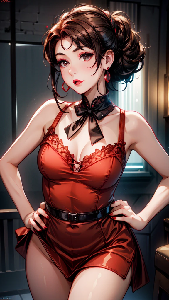 (8K HDR photorealistic pic), Betty Boop, short, althetic, curvy lady, ((tight little red dress)), dark eyebrows, black lipstick, (hoop earrings), dark eyeshadow, black lipstick, curvy, busty, (curly short black hair), shortstack, (retroussé breasts), darling figure, (supple pouting breasts), firm thighs, hourglass figure, kerchief, big brown eyes, dancing seductively