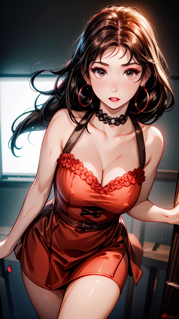 (8K HDR photorealistic pic), Betty Boop, short, althetic, curvy lady, ((tight little red dress)), dark eyebrows, black lipstick, (hoop earrings), dark eyeshadow, black lipstick, curvy, busty, (curly short black hair), shortstack, (retroussé breasts), darling figure, (supple pouting breasts), firm thighs, hourglass figure, kerchief, big brown eyes, dancing seductively
