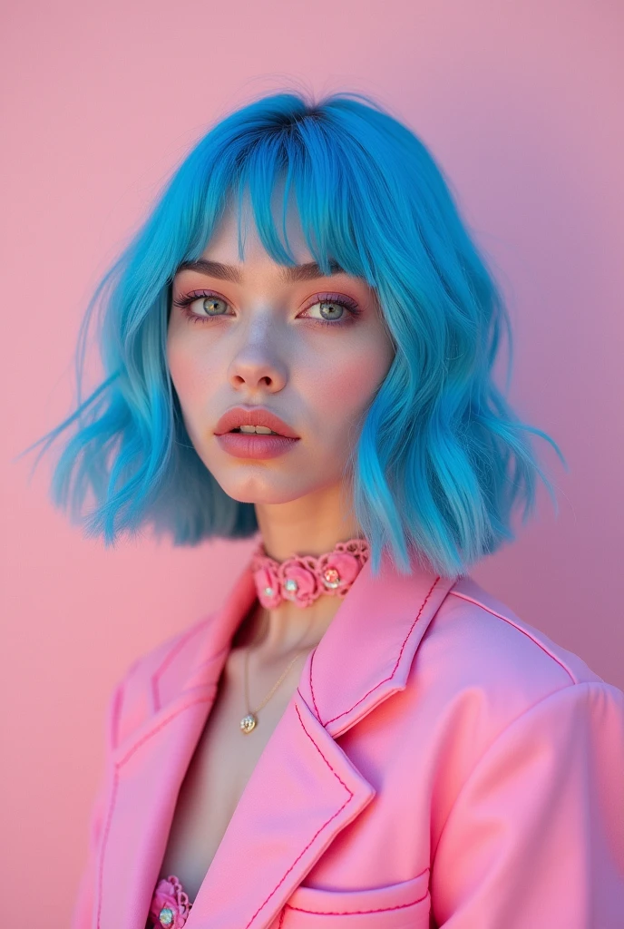 Blue hair girl, pink outfit