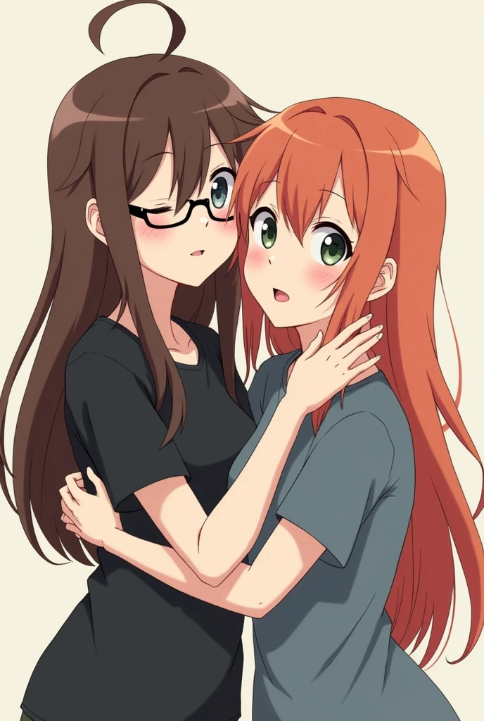 2 girl, friends, hugging tightly, anime style. The first girl with brown long hair a little messy and not straggly, the main length lies on the shoulders and a slanting fringe covering the left eye, gray-blue eyes and a black T-shirt, with round glasses for vision with black frame, a little shorter, more cheerful. The second girl is reddish-orange long hair, about the same hairstyle as the first girl only more neat and slightly round, quite lush hair and bangs in different directions across the forehead, dark green eyes, gray-blue T-shirt, slightly taller, more calm.