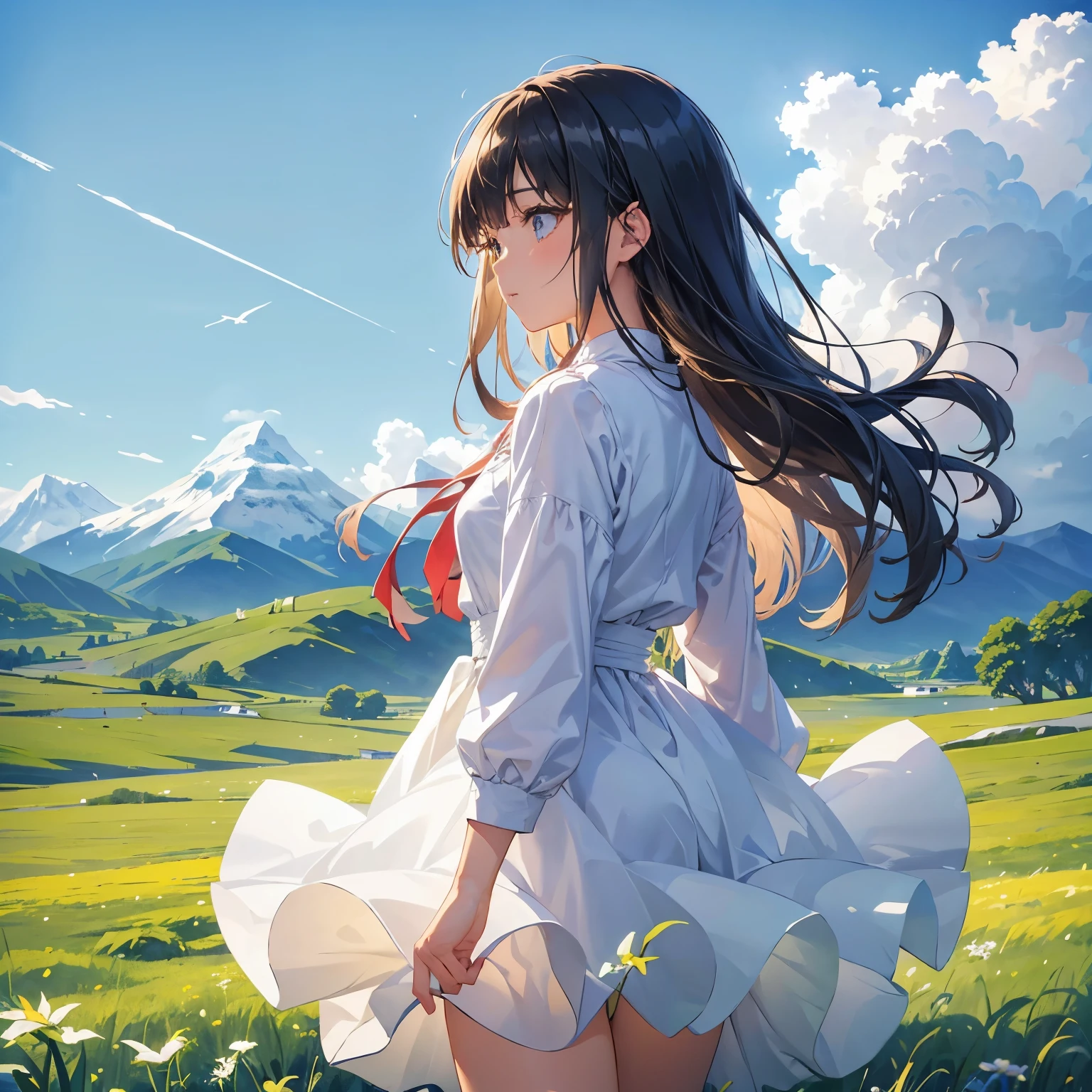 a girl, that stands on a meadow、Girl in white dress、Sky high and blue、clear sky、I can see mountains in the distance、far away、