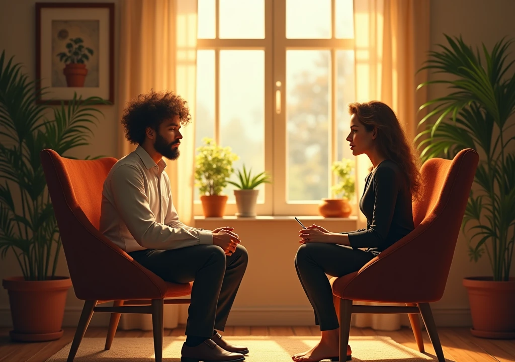 (photorealism:1.2),16:9 espect retio, man, sitting on chair,in front of HR and giveing him interview, and hr asked a question, wearing Cort pants, curly hair, indoors, soft lighting, plants in background, window with sunlight, cozy room, nervous pose, realistic, intricate details, warm colors, by Greg Rutkowski, by Alphonse Mucha