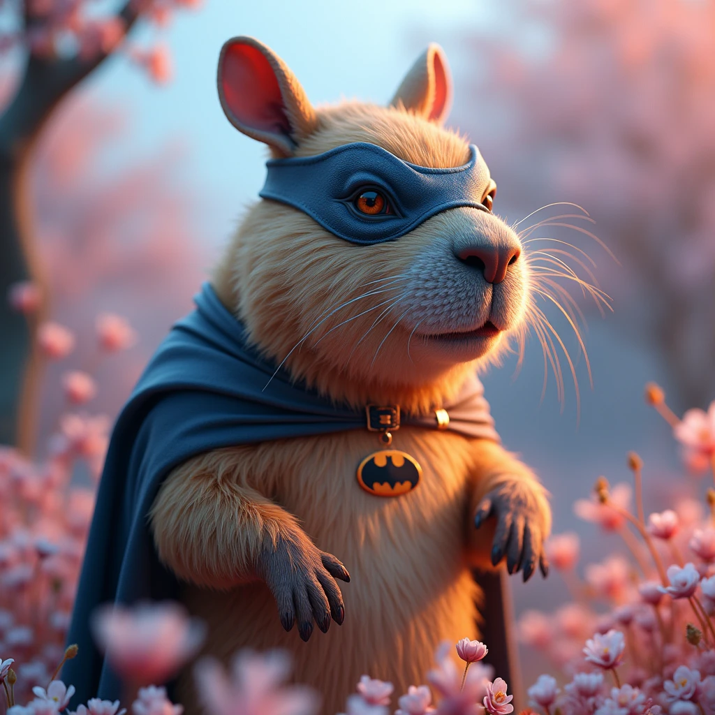 a whimsical caricature of an anthropomorphic capybara wearing a batman mask, soft pastel colors, ethereal punk atmosphere, (best quality,4k,8k,highres,masterpiece:1.2),ultra-detailed,(realistic,photorealistic,photo-realistic:1.37),detailed facial features,detailed fur textures,dynamic pose,dramatic lighting,moody colors,dreamlike,surreal,vibrant colors,whimsical,quirky,conceptart,character design