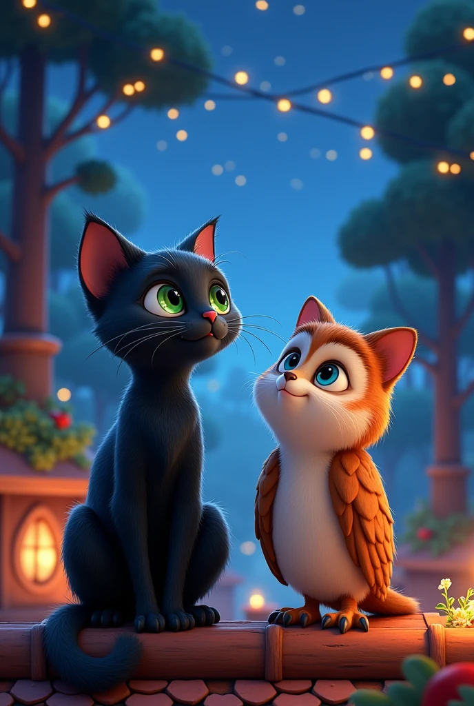 Generate a vibrant and colorful image of a black cat with bright green eyes and her owl friend living on a rooftop., looking at the starry sky and sharing their dreams. The scene is dreamlike and reflective, with each character lost in thought, staring at the stars. The atmosphere is calm and full of admiration."two friends , inspired by the artistic styles of Disney and Pixar. The setting is magical and welcoming, capturing the charm and joy characteristic of these animation studios. Details to Include: -Location : A charming clearing with a starry sky and the moonlight illuminates everything and everything even more with tall trees all around, illuminated by twinkling lights used on the roofs The evening light filters softly through the leaves, creating a play of light and shadow - both. girlfriends looking at the sky and admiring, but not limited to, a bear playing a musical instrument (like a bass), birds singing and dancing in the air, rabbits playing tambourines, A fox playing the guitar Make the animals show happy and friendly expressions. , with some party accessories (like hats or bows). -Decoration: The scene should include natural decorative elements, like shining stars, vines intertwined in arches and tables made from cut logs, covered with a fruit feast, Nuts, and others). forest delights. - Style: Characters and environments should be rendered in the characteristic and highly animated style of Disney and Pixar, with special attention to detail, animal facial expressions and a vibrant color palette that enhance the magical and festive atmosphere of the scene. objective: The image should evoke feelings of joy, community and magic of nature, reflecting the optimistic spirit and visual charm of Disney and Pixar animated films