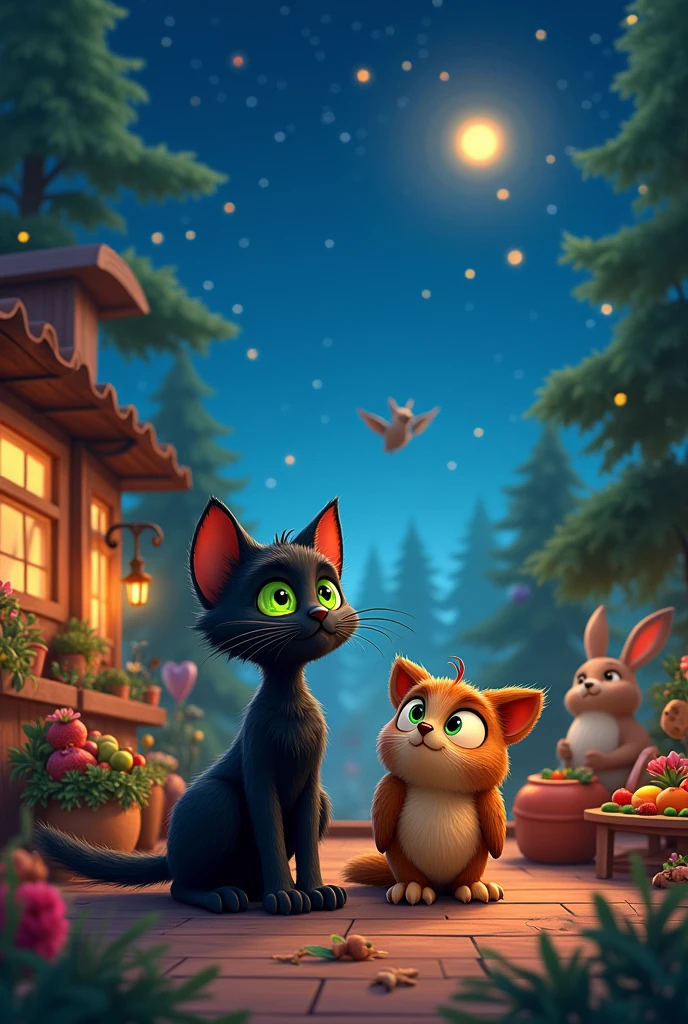 Generate a vibrant and colorful image of a black cat with bright green eyes and her owl friend living on a rooftop., looking at the starry sky and sharing their dreams. The scene is dreamlike and reflective, with each character lost in thought, staring at the stars. The atmosphere is calm and full of admiration."two friends , inspired by the artistic styles of Disney and Pixar. The setting is magical and welcoming, capturing the charm and joy characteristic of these animation studios. Details to Include: -Location : A charming clearing with a starry sky and the moonlight illuminates everything and everything even more with tall trees all around, illuminated by twinkling lights used on the roofs The evening light filters softly through the leaves, creating a play of light and shadow - both. girlfriends looking at the sky and admiring, but not limited to, a bear playing a musical instrument (like a bass), birds singing and dancing in the air, rabbits playing tambourines, A fox playing the guitar Make the animals show happy and friendly expressions. , with some party accessories (like hats or bows). -Decoration: The scene should include natural decorative elements, like shining stars, vines intertwined in arches and tables made from cut logs, covered with a fruit feast, Nuts, and others). forest delights. - Style: Characters and environments should be rendered in the characteristic and highly animated style of Disney and Pixar, with special attention to detail, animal facial expressions and a vibrant color palette that enhance the magical and festive atmosphere of the scene. objective: The image should evoke feelings of joy, community and magic of nature, reflecting the optimistic spirit and visual charm of Disney and Pixar animated films