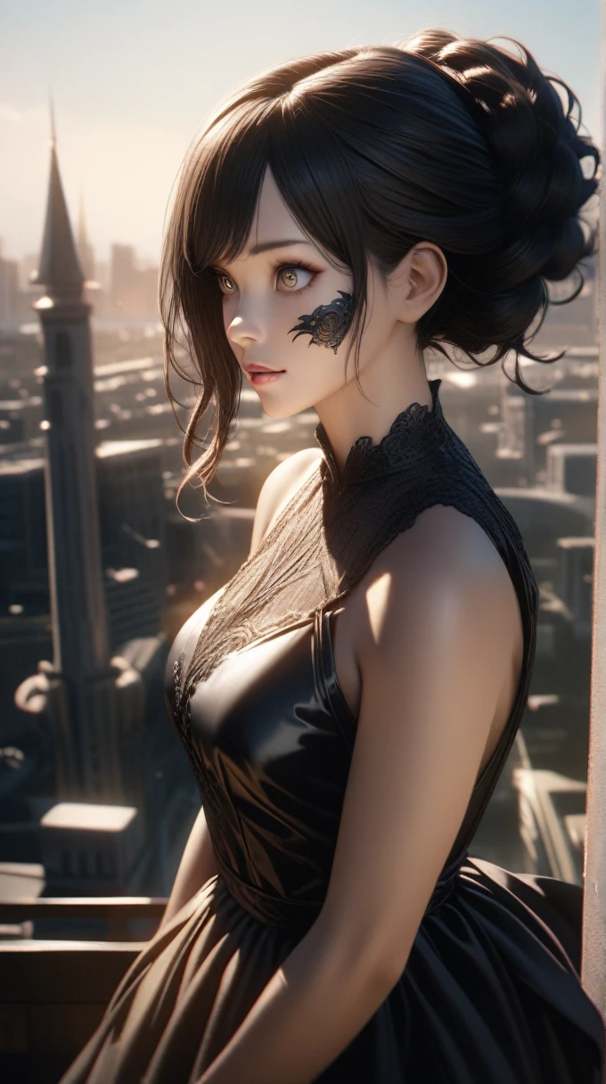 a woman with long black hair, hazel eyes, full body shot, black cat ear, city in the background, detailed facial features, beautiful detailed eyes, beautiful detailed lips, extremely detailed face, longeyelashes, intricate hairstyle, elegant dress, dramatic lighting, cinematic composition, vibrant colors, highly detailed, photorealistic, 8k, masterpiece