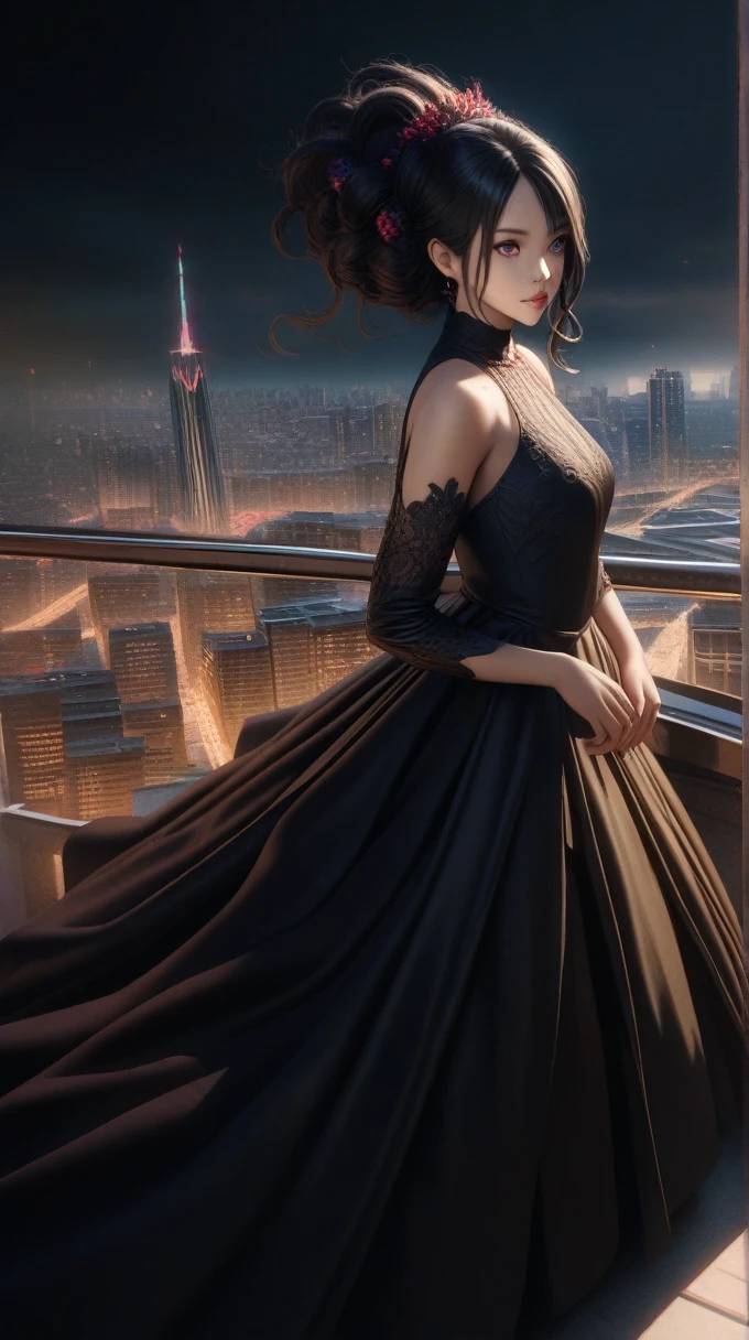 a woman with long black hair, hazel eyes, full body shot, black cat ear, city in the background, detailed facial features, beautiful detailed eyes, beautiful detailed lips, extremely detailed face, longeyelashes, intricate hairstyle, elegant dress, dramatic lighting, cinematic composition, vibrant colors, highly detailed, photorealistic, 8k, masterpiece