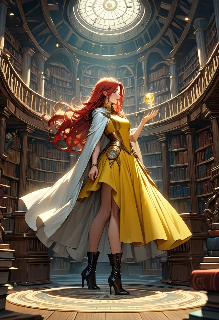 high details, best quality, 16k, [ultra detailed], masterpiece, best quality, (extremely detailed), full body, ultra wide shot, julie bell style (ultra details, Masterpiece, best quality), fantasy art, dnd art,fantasy art, realistic art, a sorceress casting a ChronomancyAI spell in magical library (ultra details, Masterpiece, best quality), exquisite beautiful human woman (ultra details, Masterpiece, best quality), red hair, long hair, (long yellow dress: 1.2), (white cloak: 1.3), high heeled boots (ultra details, Masterpiece, best quality) ChronomancyAI