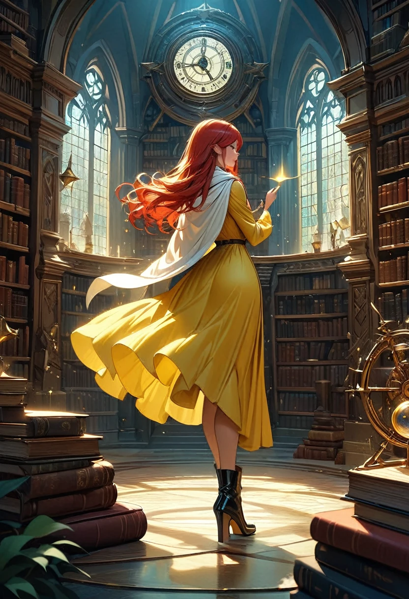 high details, best quality, 16k, [ultra detailed], masterpiece, best quality, (extremely detailed), full body, ultra wide shot, julie bell style (ultra details, Masterpiece, best quality), fantasy art, dnd art,fantasy art, realistic art, a sorceress casting a ChronomancyAI spell in magical library (ultra details, Masterpiece, best quality), exquisite beautiful human woman (ultra details, Masterpiece, best quality), red hair, long hair, (long yellow dress: 1.2), (white cloak: 1.3), high heeled boots (ultra details, Masterpiece, best quality) ChronomancyAI
