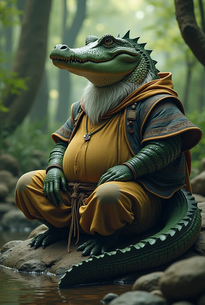 anthropo, mascle, old fat alligator, green alligator, (detailedeyes), detailed clothing, big fat. sobrepeso, white bearded, Samurai clothes, forest background, winding, Seated Meditation on Big Rock (Sauvage_far away_barba), (whisker), pov right side view, big alligator tail, (point of view to visualize),