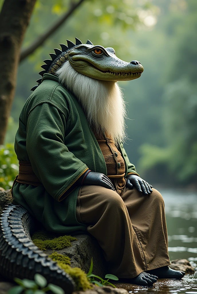 anthropo, mascle, old fat alligator, green alligator, (detailedeyes), detailed clothing, big fat. sobrepeso, white bearded, Samurai clothes, forest background, winding, Seated Meditation on Big Rock (Sauvage_far away_barba), (whisker), pov right side view, big alligator tail, (point of view to visualize),