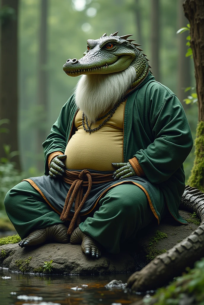 anthropo, mascle, old fat alligator, green alligator, (detailedeyes), detailed clothing, big fat. sobrepeso, white bearded, Samurai clothes, forest background, winding, Seated Meditation on Big Rock (Sauvage_far away_barba), (whisker), pov right side view, big alligator tail, (point of view to visualize),