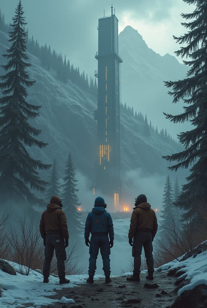 (Three Isolated humans with gas mask, brown, blue, black and white clothes) look over a big futuristic outpost inside the mountain without lights in the style of dark hues, forest winter with trees and pines, coded patterns, urbancore, soviet ambience, vastness of space, post apocaliptic space.