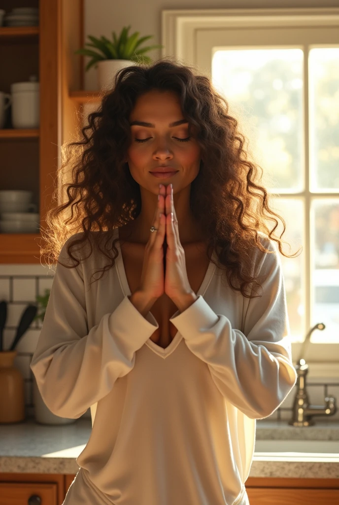 beautiful woman, person exercising, white long-sleeved , long curly hair, indoors, soft lighting, kitchen in the background, window with sunlight,  , extremely realistic, completely human-like, intricate details , warm colors, much more intimate, much more realistic, Greg Rutkowski, Alphonse Mucha
