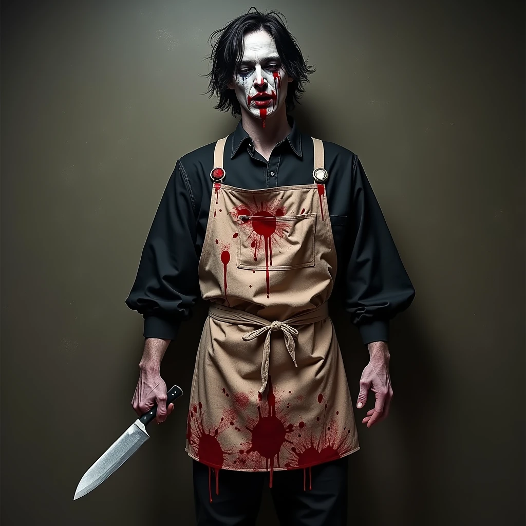 the body of a Korean man, a murderous guspo, with a pale face, with an apron full of blood and a knife and gothic clothing