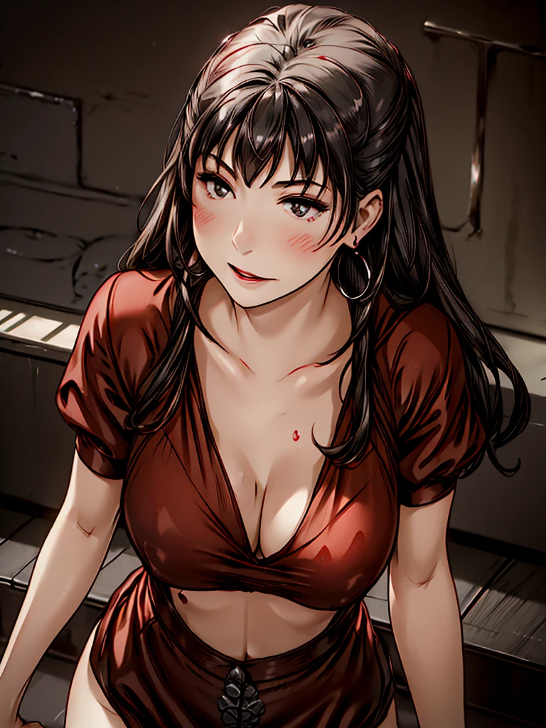 (8K HDR photorealistic pic), Betty Boop, short, althetic, curvy lady, ((tight little red dress)), dark eyebrows, black lipstick, (hoop earrings), dark eyeshadow, black lipstick, curvy, busty, (curly short black hair), shortstack, (retroussé breasts), darling figure, (supple pouting breasts), firm thighs, hourglass figure, kerchief, big brown eyes, dancing seductively