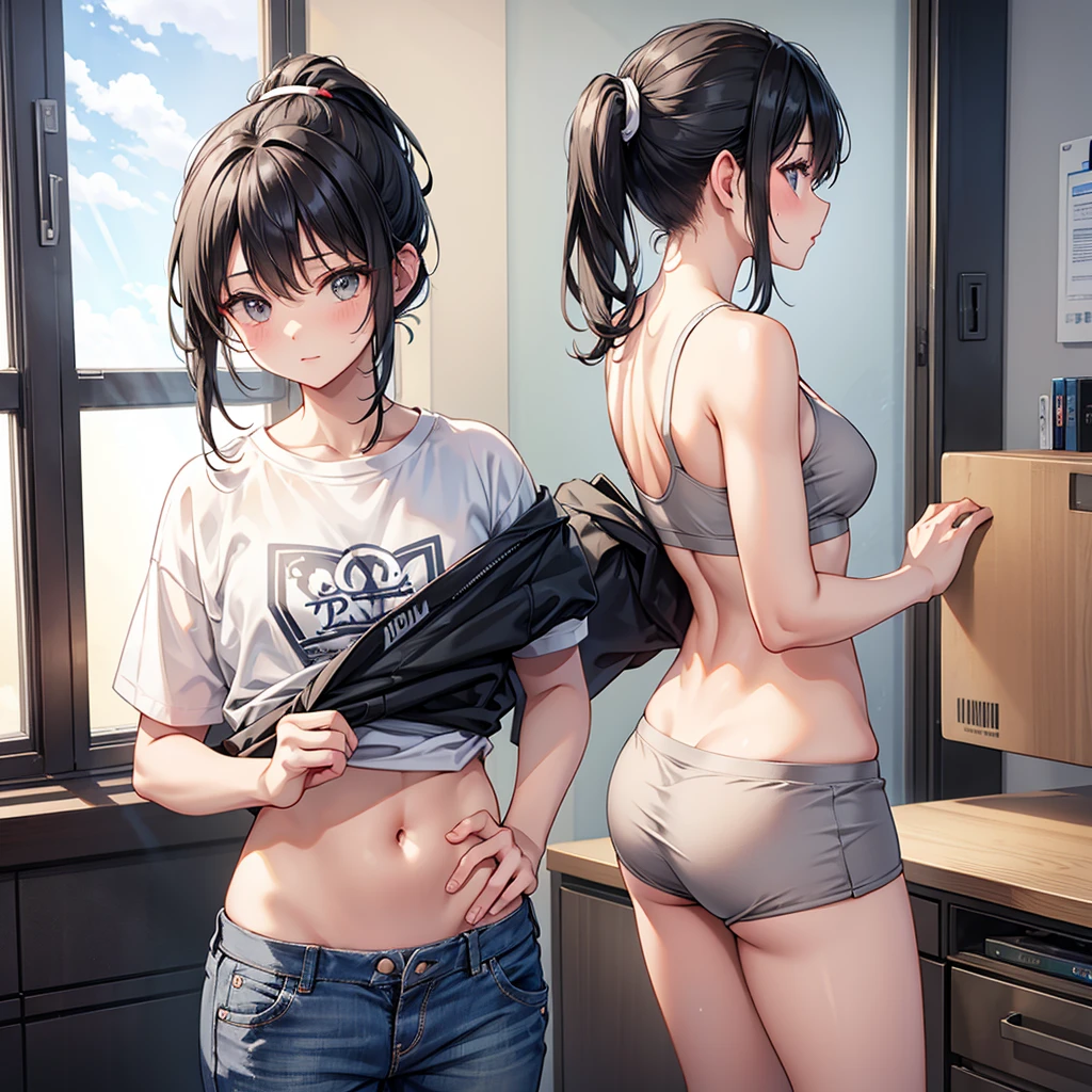 One person　Black hair ponytail　gray underwear　Stains