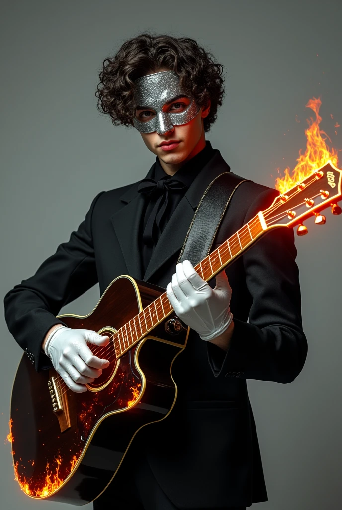 creates an image of a young adult man with curly hair, with a silver mask, a black bow around his neck, with white gloves, playing a black acoustic guitar with fire details on it and he is dressed in black