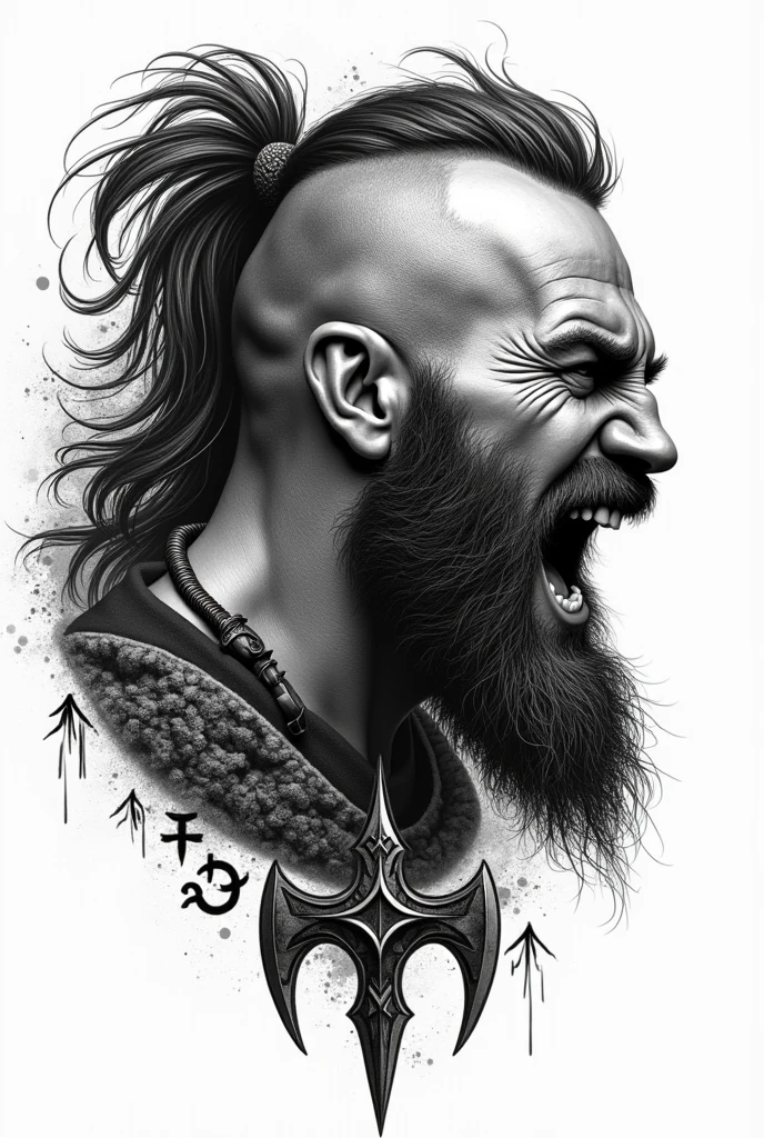 Create a black and white tattoo of a warrior gardener viking in pointillism, in profile screaming with Viking runes and sharp axes for a tattoo