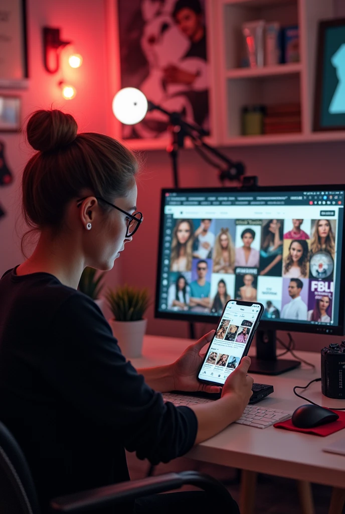 {
"prompt": "A high-resolution, realistic image representing the concept of 'Criação de Conteúdos para Instagram.' The scene shows a creative workspace with a smartphone or tablet displaying an Instagram feed full of visually engaging posts, including videos, images, and compelling captions. The posts highlight a salon, showcasing stylish haircuts, satisfied clients, and promotional content. A digital content creator is seen working on the next post, surrounded by tools like a camera, lighting equipment, and design software. The atmosphere is vibrant and energetic, reflecting the goal of creating optimized content that strengthens brand presence and attracts qualified followers.",
"size": "1024x1024"
}
