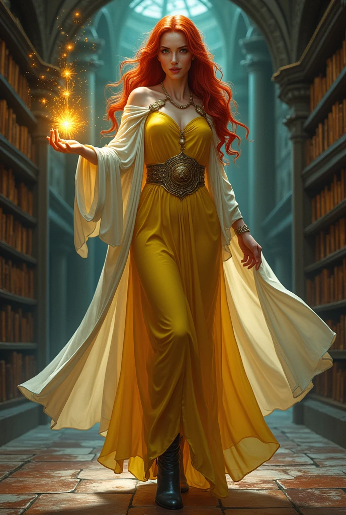 high details, best quality, 16k, [ultra detailed], masterpiece, best quality, (extremely detailed), full body, ultra wide shot, julie bell style (ultra details, Masterpiece, best quality), fantasy art, dnd art,fantasy art, realistic art, a sorceress casting a DruidMagicAI spell in magical library (ultra details, Masterpiece, best quality), exquisite beautiful human woman (ultra details, Masterpiece, best quality), red hair, long hair, (long yellow dress: 1.2), (white cloak: 1.3), high heeled boots (ultra details, Masterpiece, best quality) DruidMagicAI