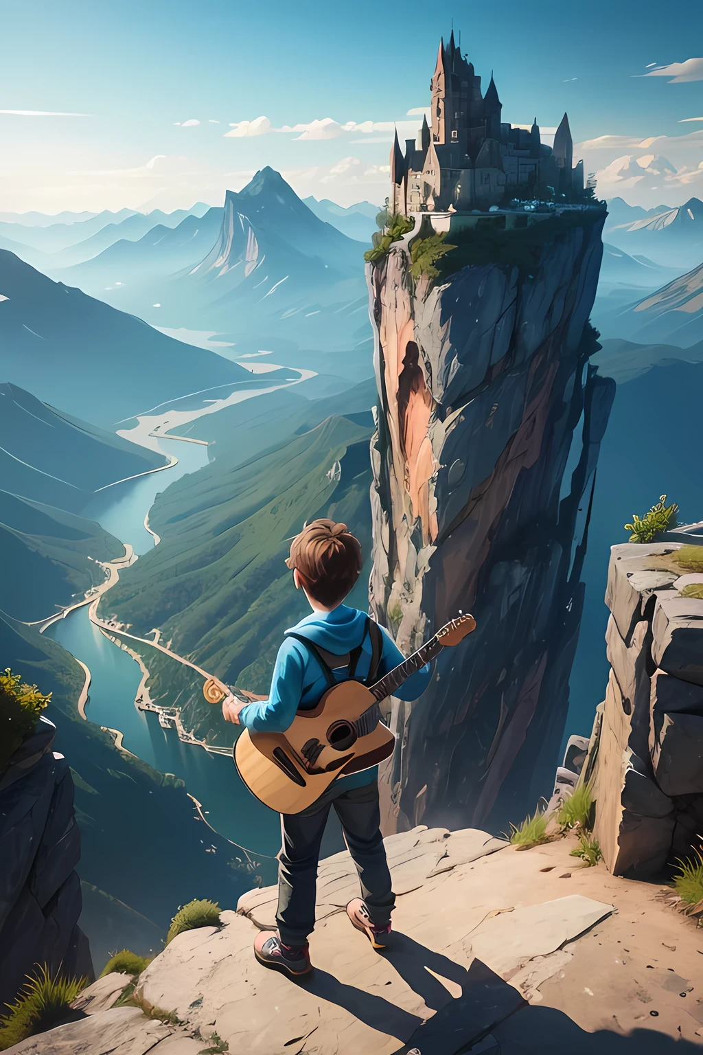 a boy holding a guitar at the ledge of a mountain, city in the background, highly detailed, wow, epic, surreal