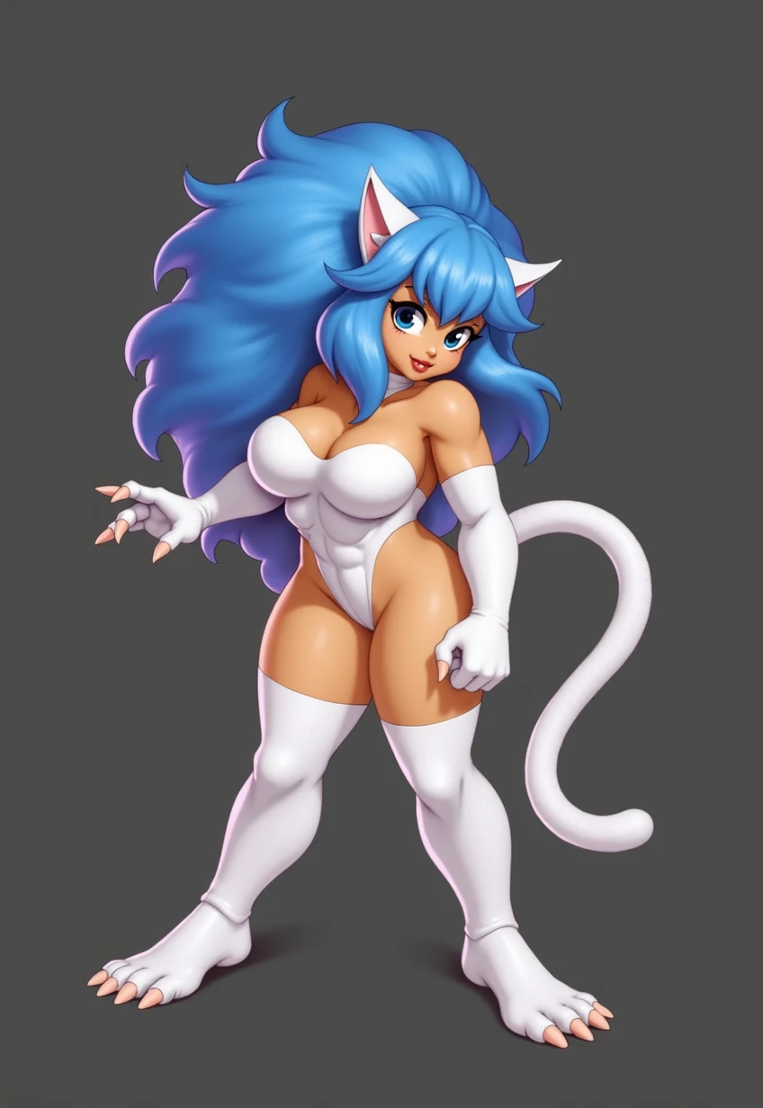 Felicia, (cat-woman darkstalkers character), (blue thick wavy long hair:1.4), (huge breast:1.6), wearing a white costume, claws, with white glowes, white boots, (comic style:1.4)
