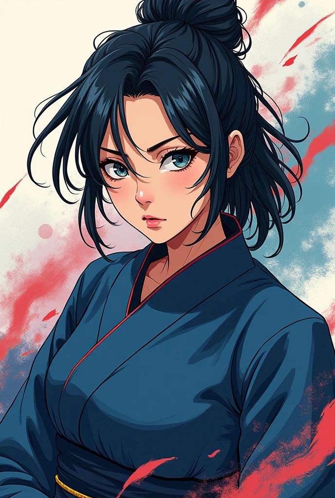 Create an anime-style illustration of a South Korean female warrior from the shoulders up, wearing blue clothing.