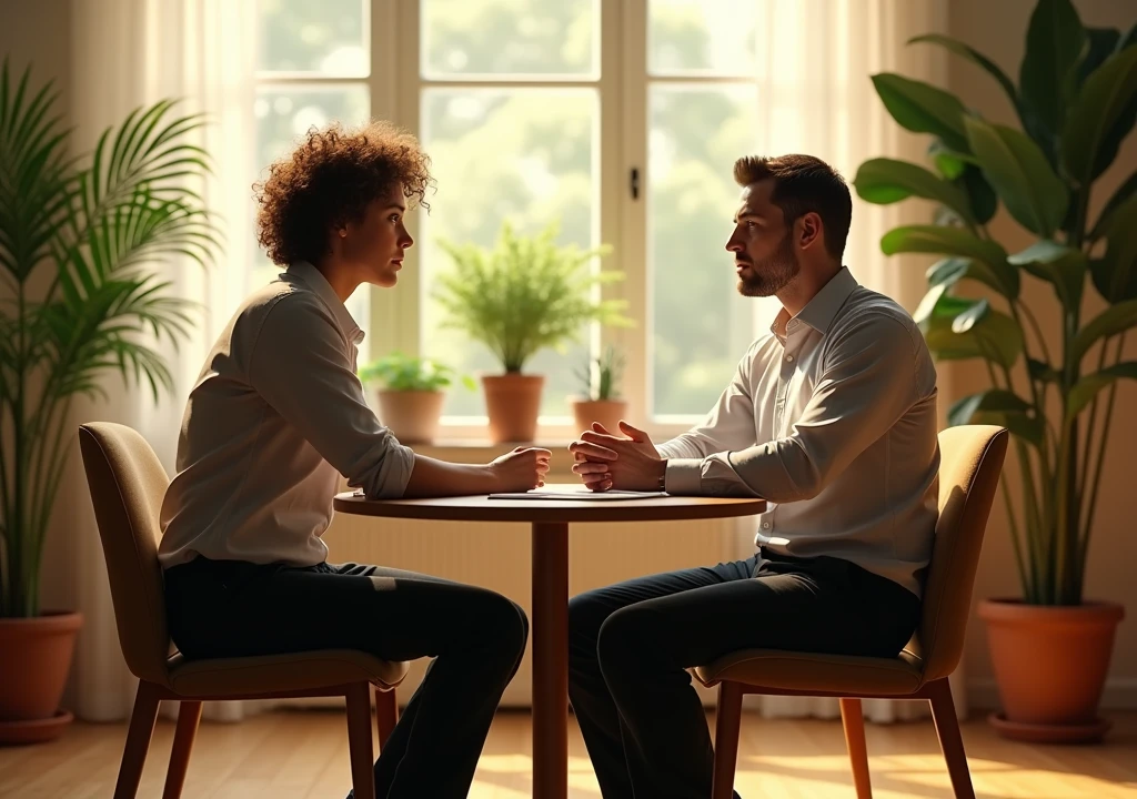(photorealism:1.2) man, sitting on chair,in front of HR and giveing him interview, wearing Cort pants, curly hair, indoors, soft lighting, plants in background, window with sunlight, cozy room, nervous pose, realistic, intricate details, warm colors, by Greg Rutkowski, by Alphonse Mucha