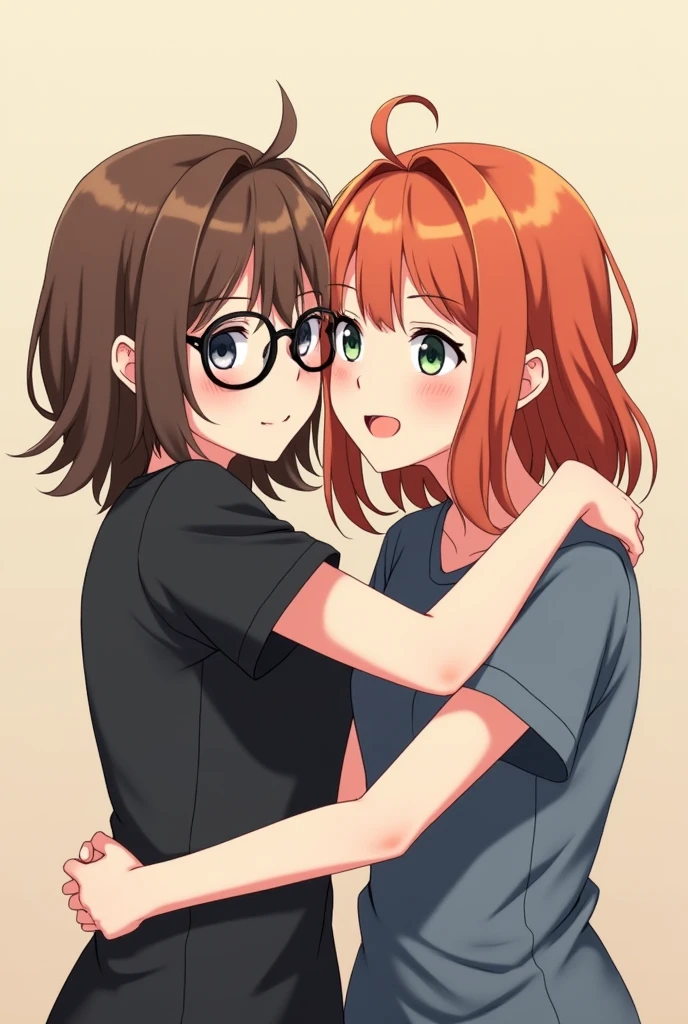 2 girl, friends, hugging tightly, anime style. The first girl with brown slightly long hair a little messy and not straggly, the main length lies on the shoulders and a slanting fringe covering the left eye, gray-blue eyes and a black T-shirt, with round glasses for vision with black frame, a little shorter, more cheerful. The second girl is reddish-orange slighty long hair, about the same hairstyle as the first girl only more neat and slightly round, quite lush hair and bangs in different directions across the forehead, dark green eyes, gray-blue T-shirt, slightly taller, more calm.