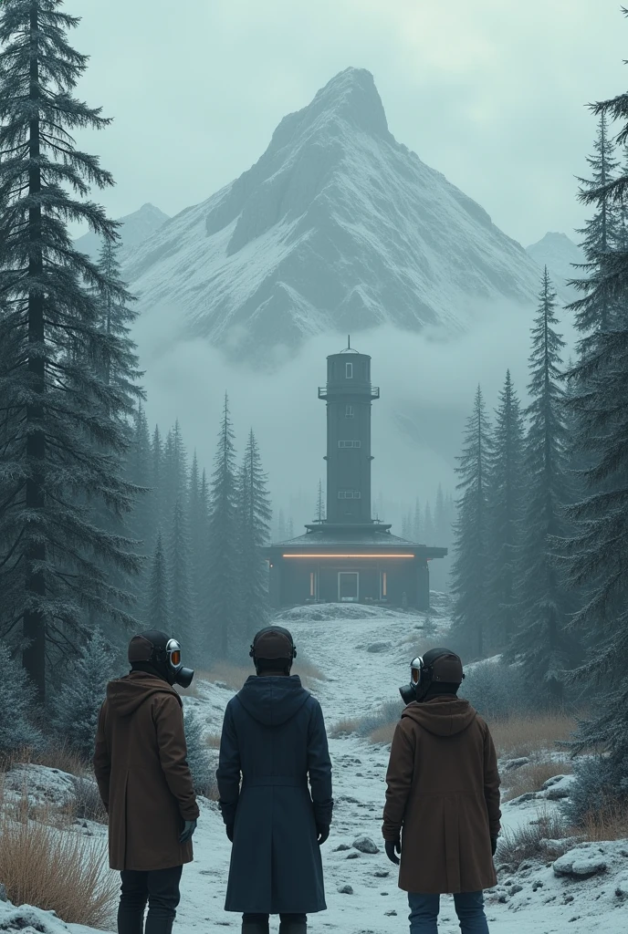 (Three Isolated humans with gas mask, brown, blue, black and white clothes) look over futuristic outpost inside the mountain without lights in the style of dark hues, forest winter with trees and pines, coded patterns, urbancore, soviet ambience, vastness of space, post apocaliptic space.