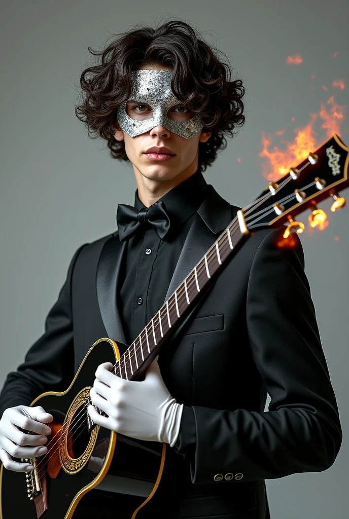 creates an image of a young adult man with curly hair, with a silver mask, a black bow around his neck, with white gloves, playing a black acoustic guitar with fire details on it and he is dressed in black