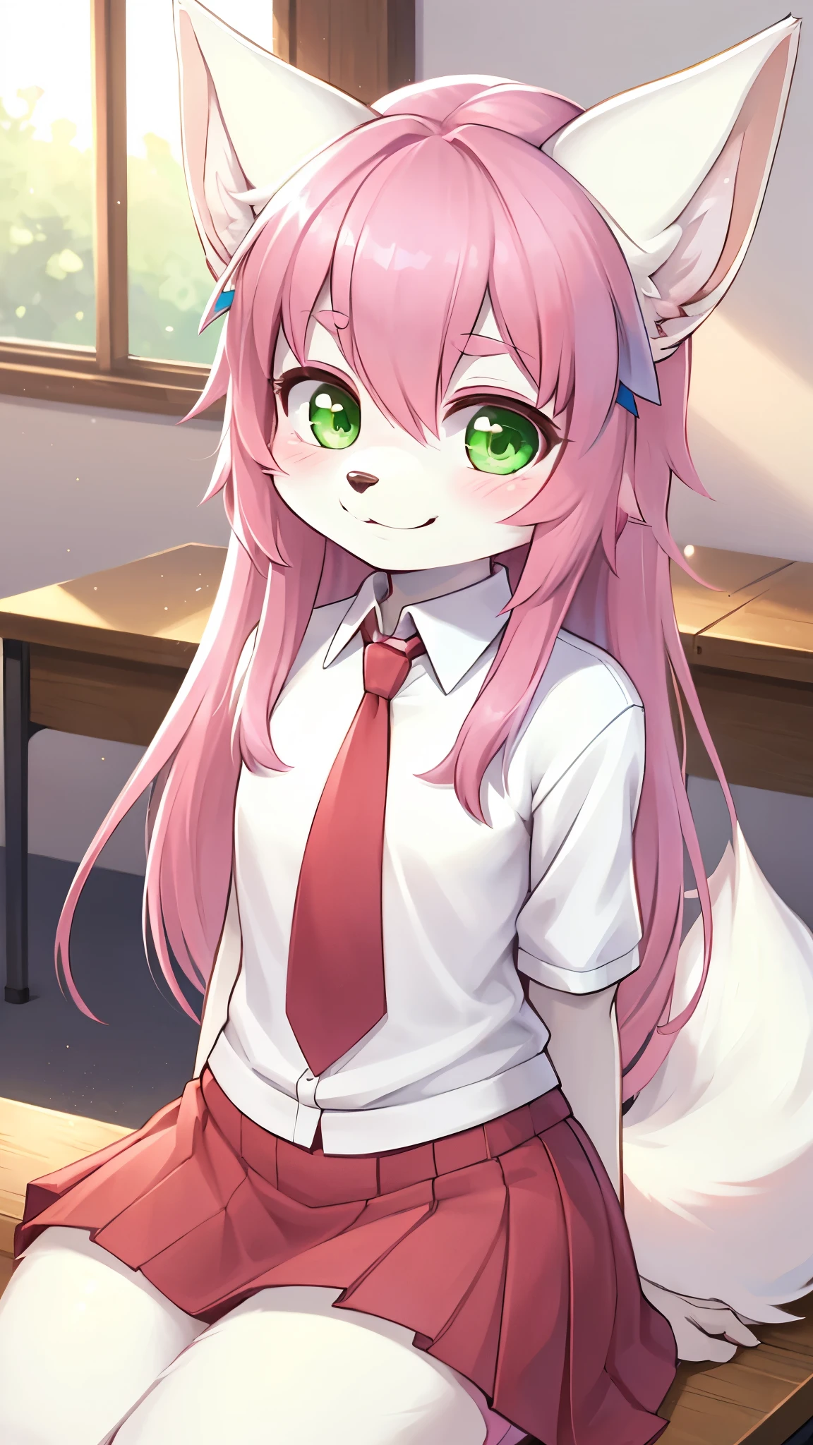 best quality,best resolution,solo,(fluffy anthro furry :1.6),(young :1.8),fox girl,flat chest,(pink hair :1.6),long hair,green eyes,glistering eyes,sparkle eyes,(white fur :1.6),(white short arms shirt with red tie),(red skirt),ribbon hairpin,beautiful classroom,light and shadow,full face blush,heart expression,heart eyes glow,happy face,smile,sitting