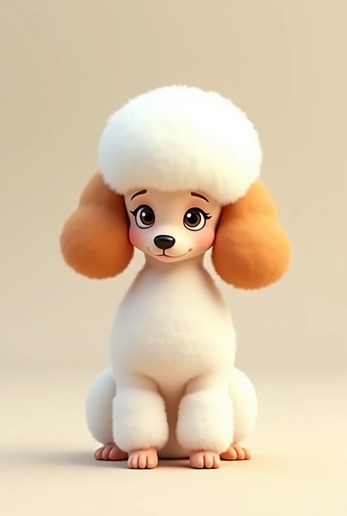 White and very flat poodle, with a thin snout, the ears go from white to very light brown, everything animated