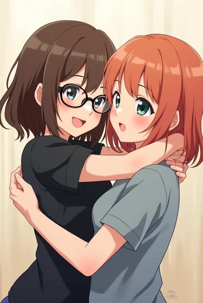 2 girl, friends, hugging tightly, anime style. The first girl with brown slightly long hair a little messy and not straggly, the main length lies on the shoulders and a slanting fringe covering the left eye, gray-blue eyes and a black T-shirt, with round glasses for vision with black frame, a little shorter, more cheerful. The second girl is reddish-orange slighty long hair, about the same hairstyle as the first girl only more neat and slightly round, quite lush hair and bangs in different directions across the forehead, dark green eyes, gray-blue T-shirt, slightly taller, more calm.